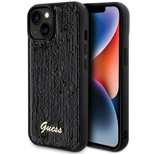 Guess Sequin Script Metal-etui til iPhone 14, sort
