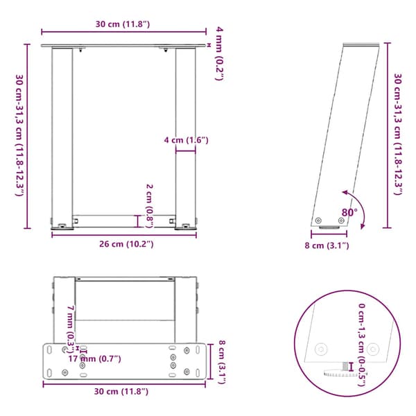 vidaXL sofabordsben, 2 stk., sort, 30x(30-31) cm, stål