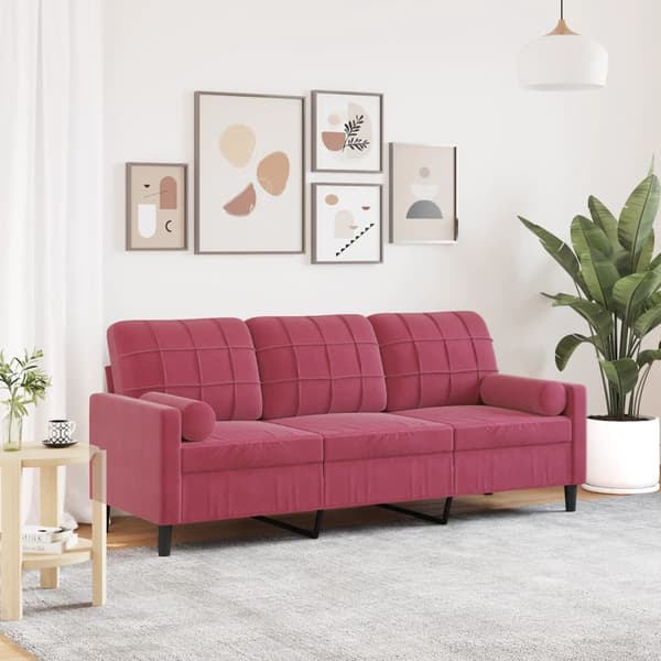 vidaXL 3-sitssoffa med kuddar vinröd 180 cm sammet