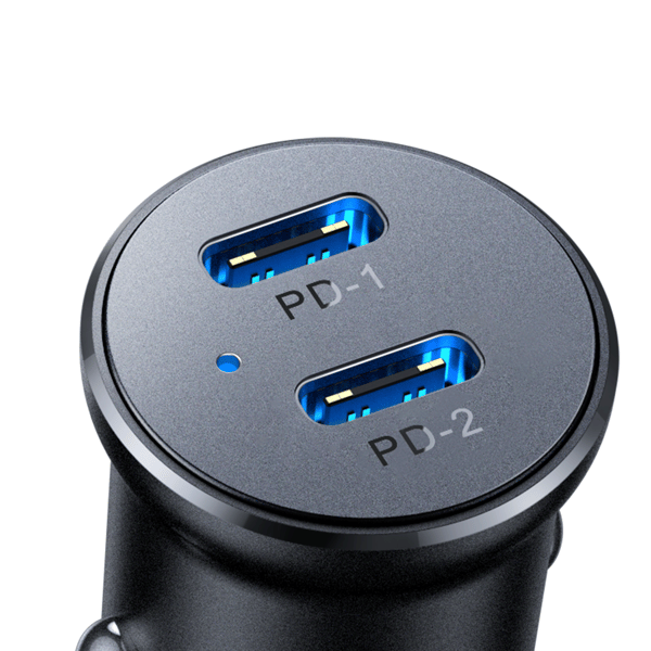 Mini biloplader til cigarettænder 30W 2x USB-C metal sort