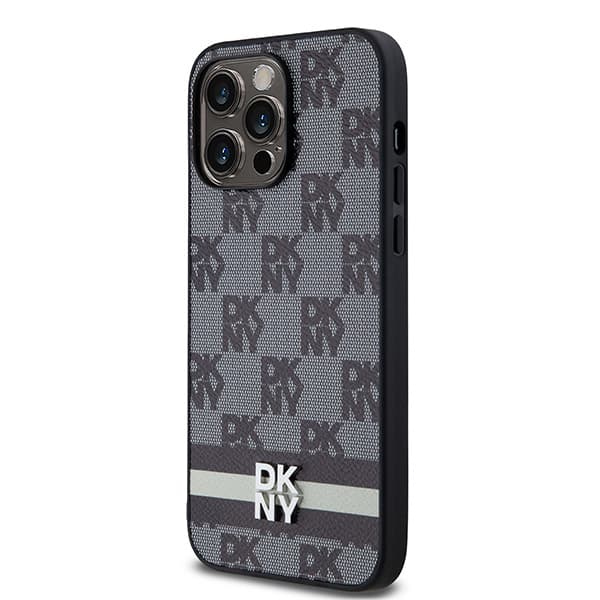 DKNY Læderetui med Ternet Monomønster og Trykte Striber til iPhone 14 Pro Max, Sort