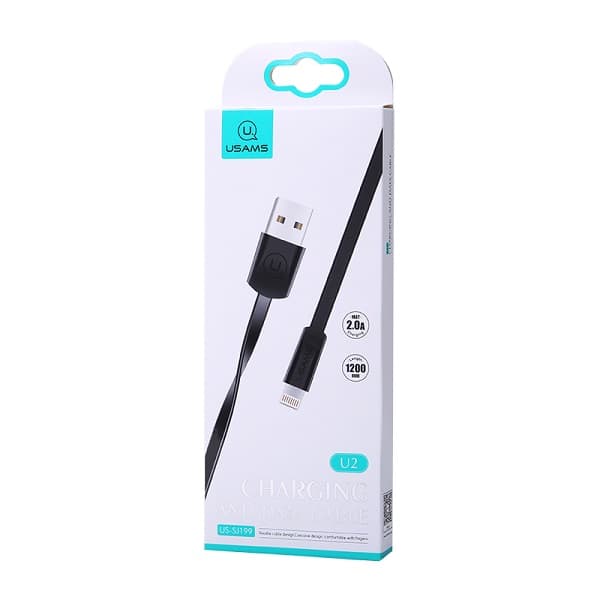 USAMS Fladt U2 USB-A til Lightning-kabel 1,2 m til iPhone 5/6/7/8/X, Sort