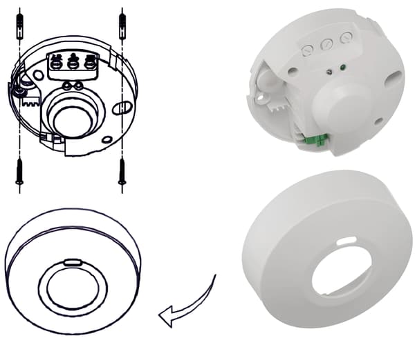 Mikrovågsrörelsesensor med lock, ytmonterad, 360 grader, 1200W, IP20, vit