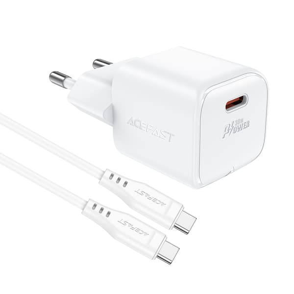 Mini PD 30W GaN Vægoplader + USB-C Kabel Hvid