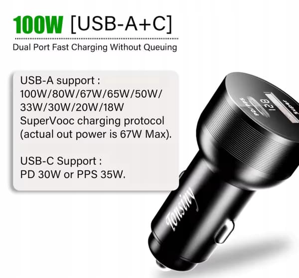 Biloplader USB A SUPERVOOC 67W (Oppo) og med USB C PD (30W), QC4.0, AFC