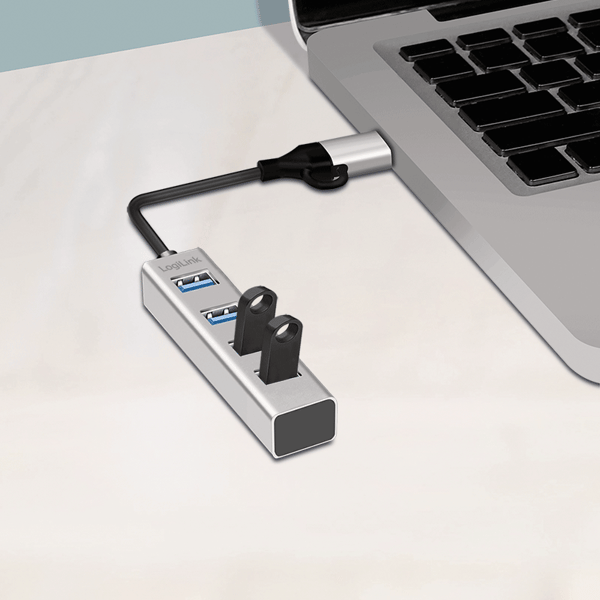LogiLink USB 3.0 -jakaja, 4 x USB-A ja 2-in-1 USB-A/USB-C -kaapeli, 5 Gb/s, hopea