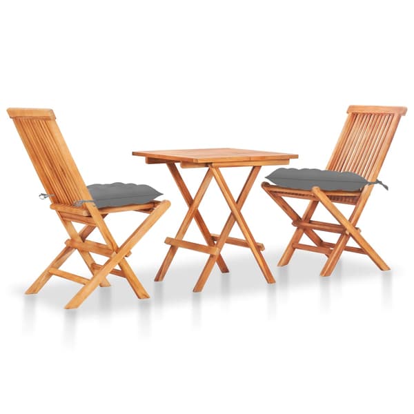 vidaXL 3-delat bistroset, grå kuddar, teak