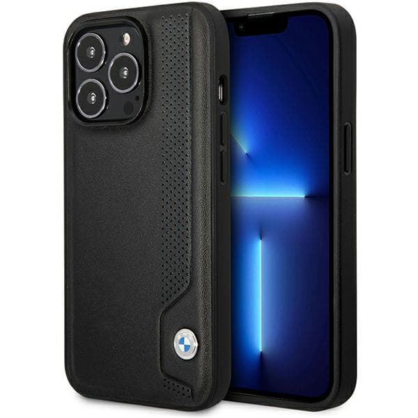BMW Læderetui med blå prikker til iPhone 14 Pro, Sort