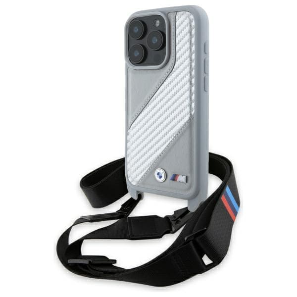 BMW M Edition Carbon Stripe & Strap -suojakuori iPhone 16 Pro Maxille, harmaa