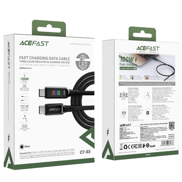 USB-C - USB-C 100W kaapeli näytöllä 1,2m musta