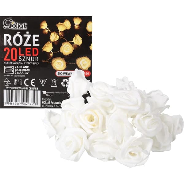 Juldekorationsslinger med hvide LED-roser, 3 m lang