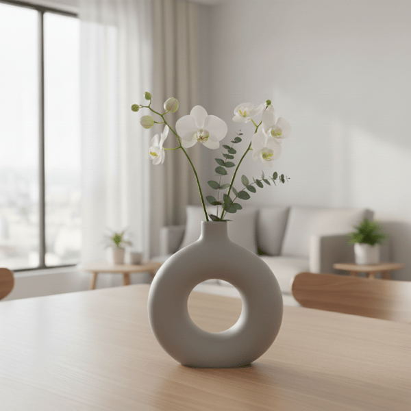 Dekorativ rund vas med hål, grå, för blommor, minimalistisk