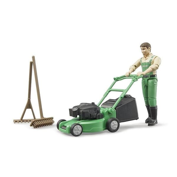 Gartnerfigur med plæneklipper og tilbehør