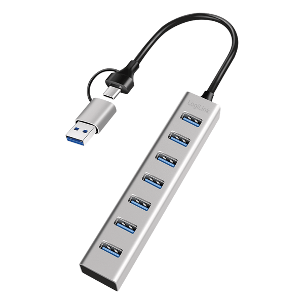 LogiLink USB 3.0 Hub 7 Portar USB-A 2-i-1 Kabel USB-A/USB-C 5 Gbps Silver