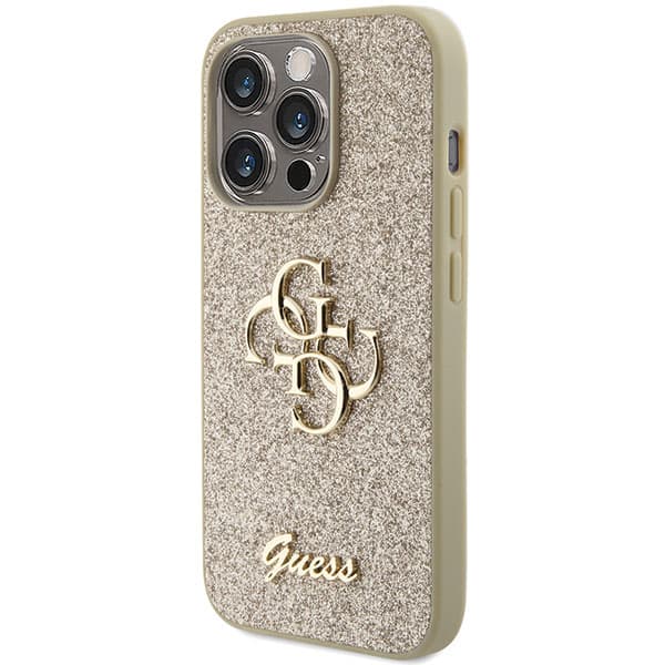 Guess Glitter Script Big 4G-skal till iPhone 15 Pro, guld