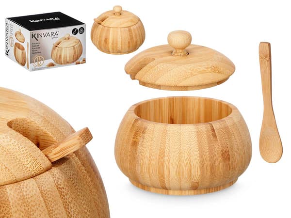 Bambu sockerskål med lock och skedar