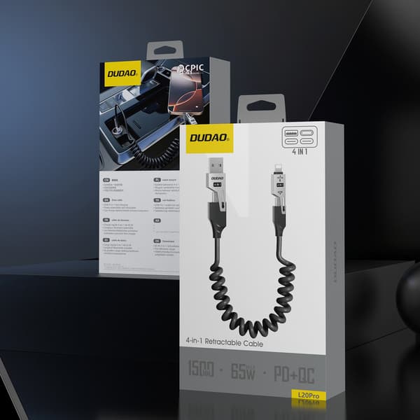 4-i-1 spiralkabel USB-A / USB-C - Lightning / USB-C - svart
