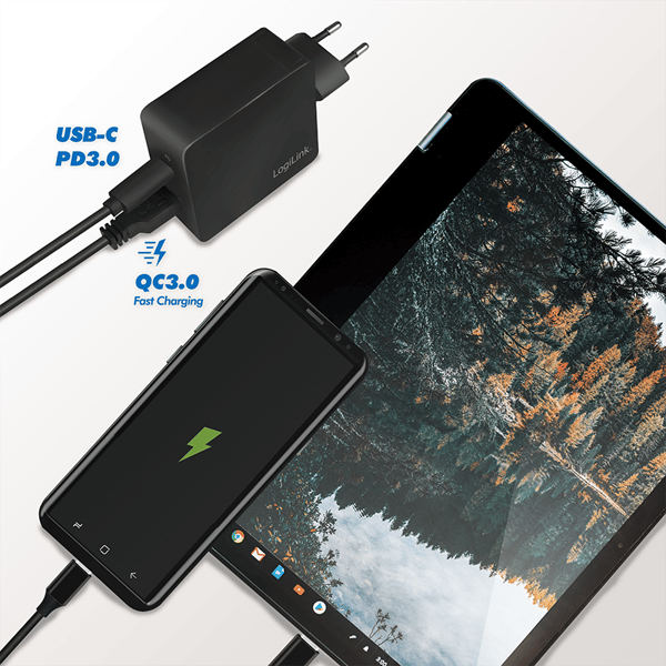 LogiLink USB-reseadapter 1xUSB-C PD + 1xUSB-A QC 18W snabbladdning
