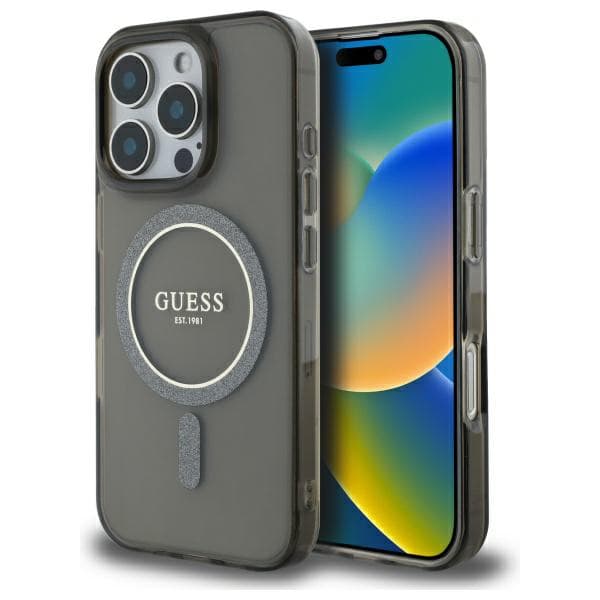 Guess IML Glitter Circle MagSafe-etui til iPhone 16 Pro, sort