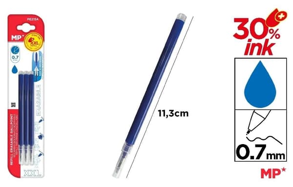 Blå viskelige pen refills 3 stk.