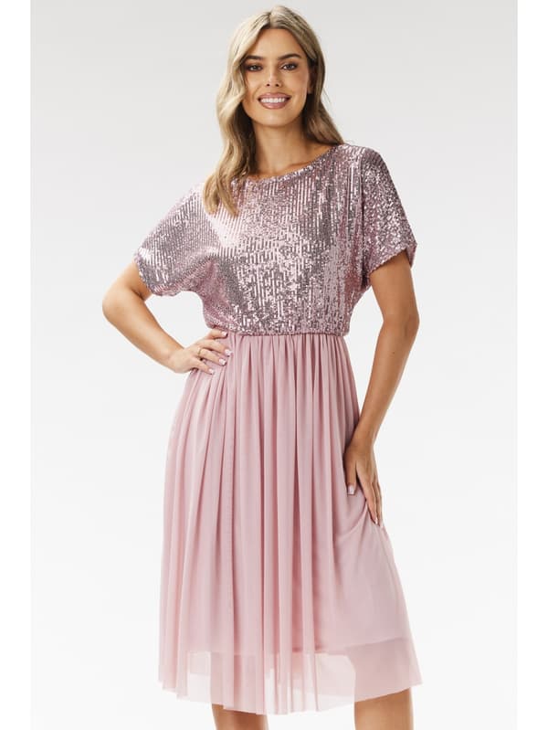 Kimono midiklänning i paljetter och tyll - rosa M