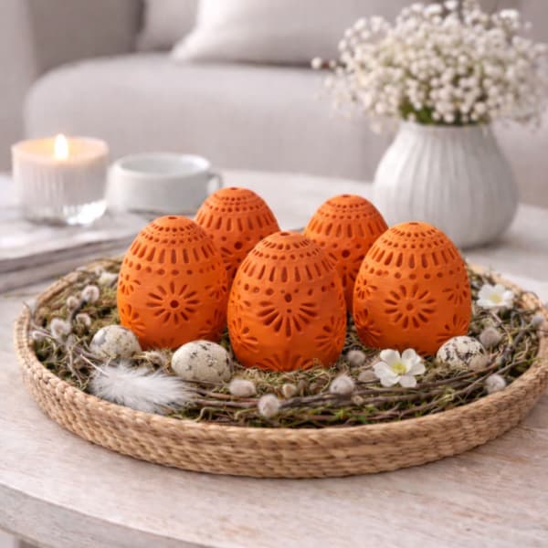 Set med 5 orangea genombrutna påskägg, vårdekoration