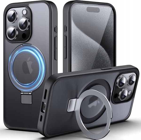 iPhone 15 Pro-skal svart MagSafe-ringstativ transparent
