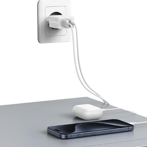 USAMS 2xUSB 18W vægoplader + Lightning/USB-A hurtigopladerkabel hvid