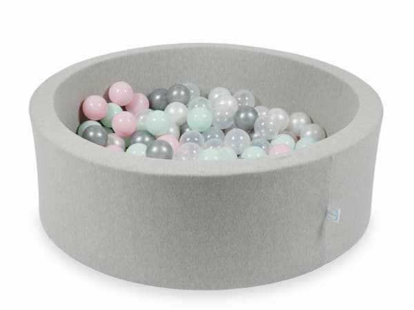 Lysegrå tørpool 90x30 med 200 bolde: transparent, perlemor, sølv, lys pink, lys mint