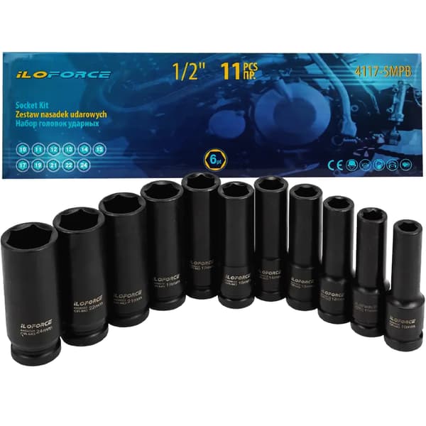 ILOFORCE 1/2" syvä iskuhylsysarja 11 osaa + kotelo