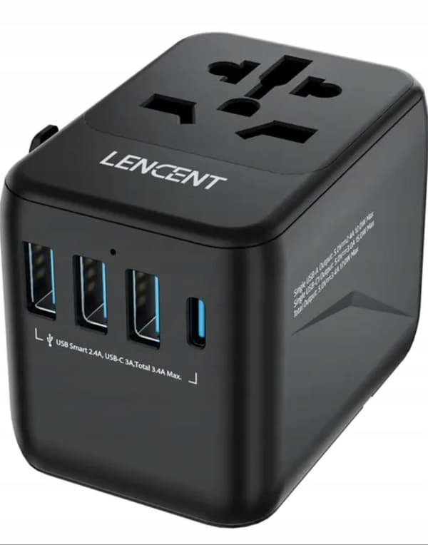 svart reseadapter LENCENT-kontakt, 4x USB-laddare inklusive 1 USB C