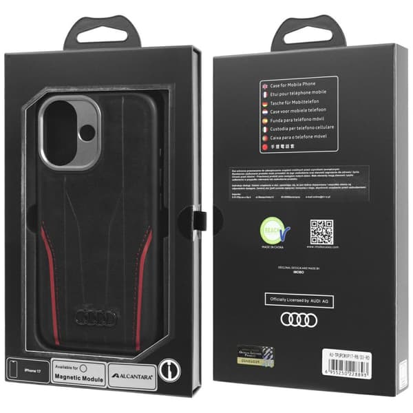 Audi R8 MagSafe-etui i ægte læder til iPhone 17, sort og rød