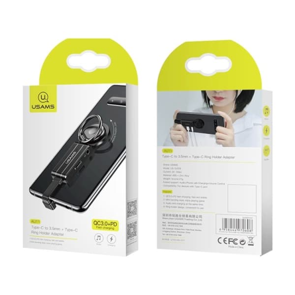 USAMS AU11 2-i-1 USB-C-adapter - 3,5 mm + USB-C + ringholder, sort