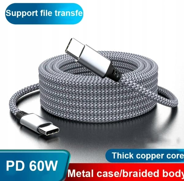 teräksenharmaa USB-C / USB-C 5M -kaapeli (5 metriä) USB C - USB C 6A