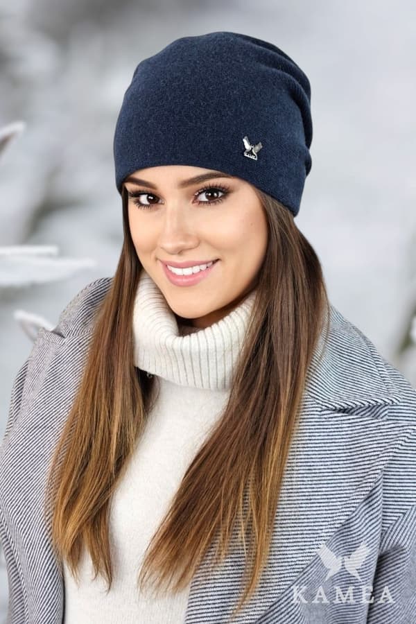 LILY enfärgad ullmössa med logotyp, marinblå och turkos