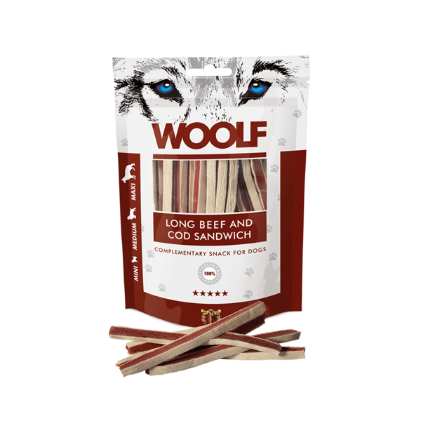 Woolf Hundgodis Sandwich Nötkött Torsk Mini Medium Maxi Breed 100g