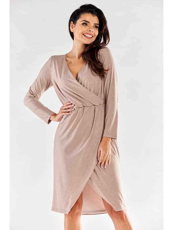 Glitter wrap midikjole med lange ærmer, beige S