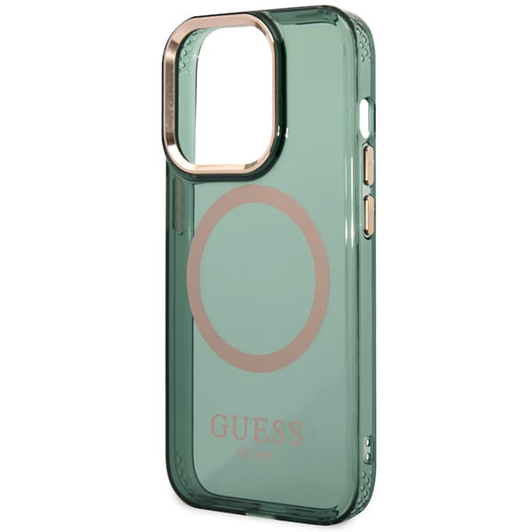 Guess Gold Outline Translucent MagSafe-etui til iPhone 14 Pro Max, grøn