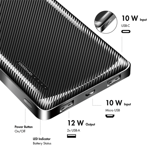 Varavirtalähde 10 000 mAh, 2x USB-A, USB-C, micro-USB, musta - Typhoon