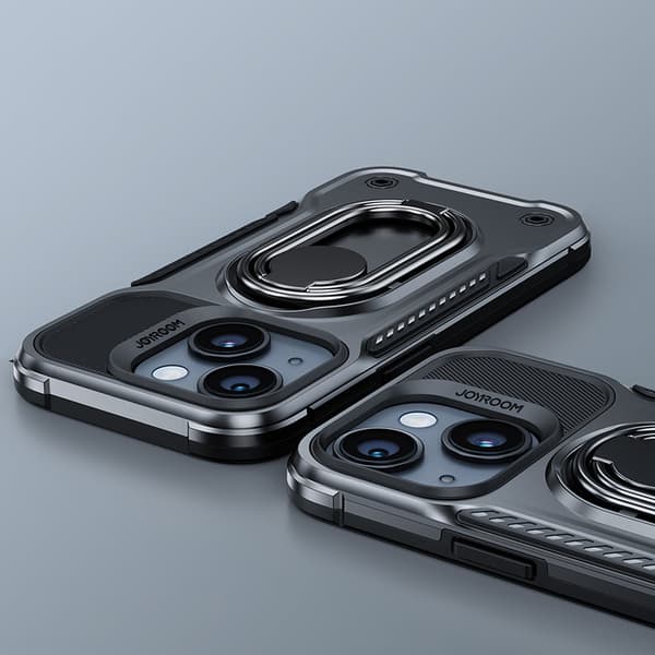 iPhone 14 cover, pansret cover med stativ og ringholder, sort