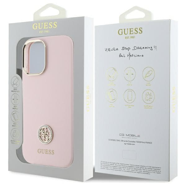 Guess Silikone Logo Strass 4G Etui til iPhone 16, lyserød/lyserød