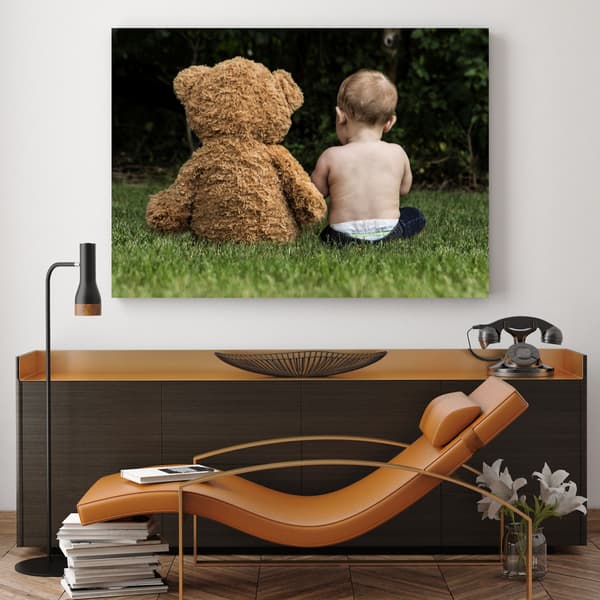 Lærredstryk Barn med bamse 120x80 cm