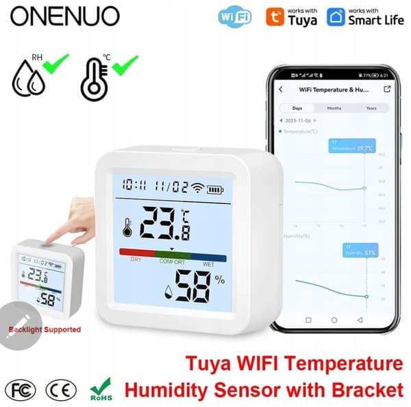 TH05 Tuya WIFI temperatur- og fugtighedssensor, UR, LCD-display