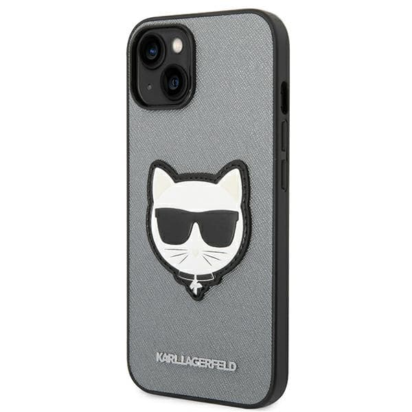 Karl Lagerfeld Saffiano Choupette Head Patch-etui til iPhone 14 Plus, sølv