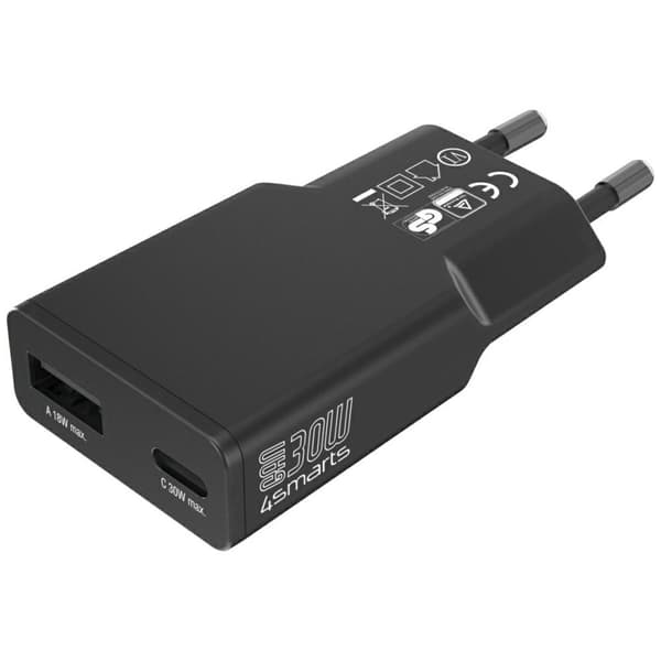 4smarts FlatPlug Duos 30W GaN USB-C/USB-A Vægoplader Sort