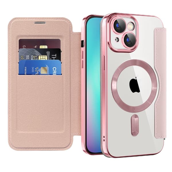 iPhone 15 Flip-cover, RFID-pung MagSafe med kamerabeskyttelse, lyserød