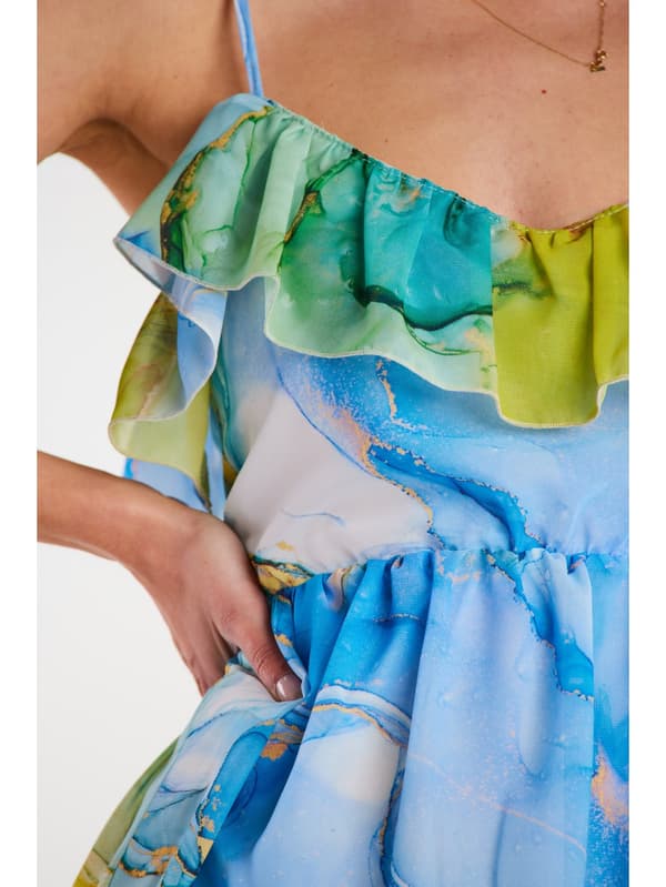 Minikjole med chiffonstropper, havbølgeprint M