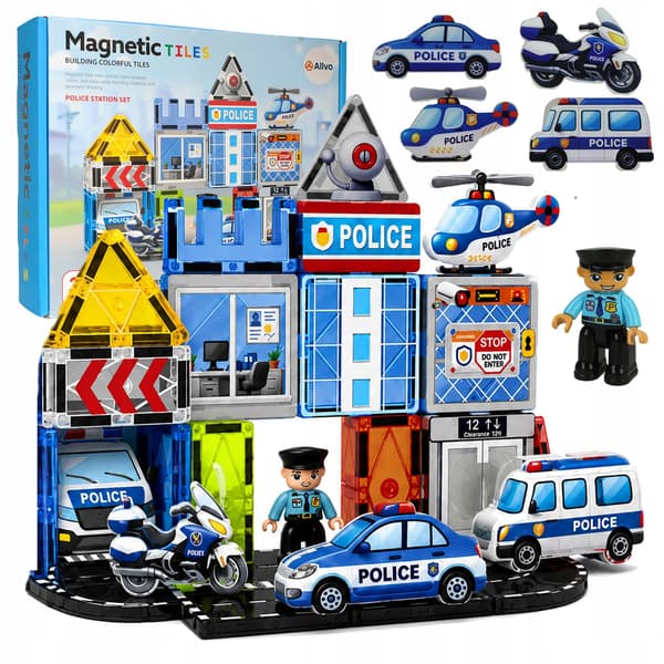 Magnetiska byggklossar 3D stora målade glaspaneler Polisstad 34 st.
