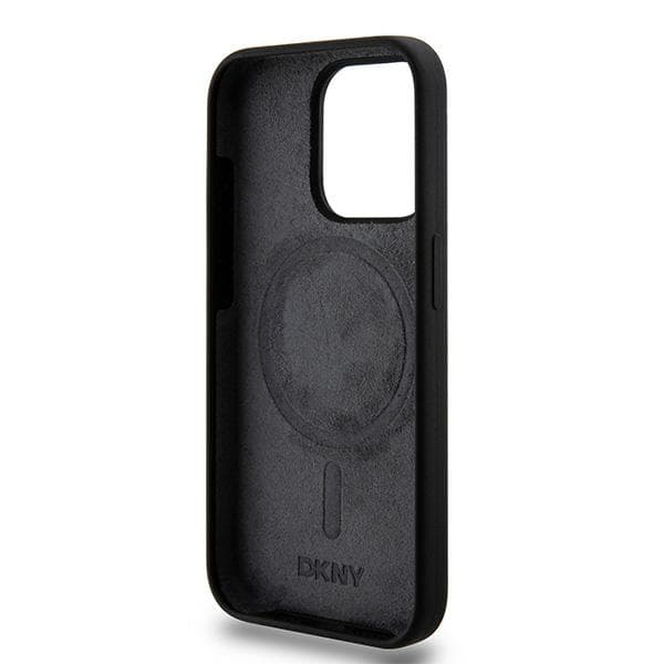 DKNY Liquid Silicone White Printed Logo MagSafe-etui til iPhone 15 Pro, sort