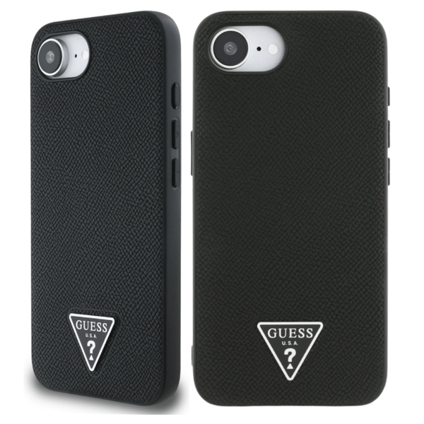 Guess Grained Triangle MagSafe -suojakuori iPhone 16e:lle, musta